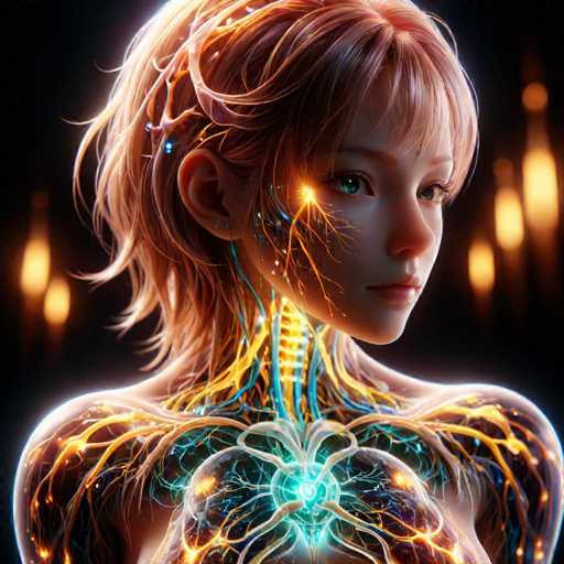 The image depicts a digital illustration of a young girl with long blonde hair and bright green eyes. The girl's face is illuminated by a radiant light source from the right side of her head, creating an ethereal glow around her features. The background is dark, providing a stark contrast to the girl's vibrant appearance. The girl's body is adorned with intricate blue and yellow lines that form a complex network across her torso, adding depth and dimension to the image.