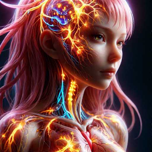 A digital illustration of a young girl with pink hair and a face adorned with blue and orange lines that resemble nerves and blood vessels. The background is black, providing a stark contrast to the vibrant colors on her face.