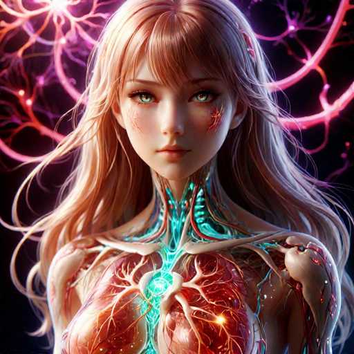 A digital illustration of a woman with long blonde hair and striking blue eyes. The background is a dark purple color with red lines radiating outwards from the center, creating an abstract pattern that appears to be emanating from her head.