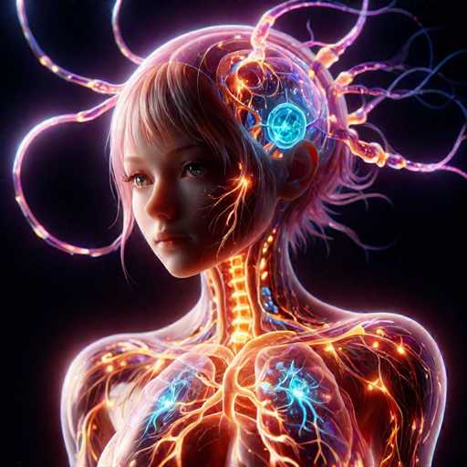 A digital illustration of a woman's face and body with glowing blue lines radiating from her head and neck, creating an ethereal glow against a black background.