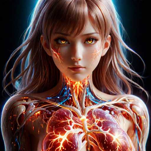 The image shows a close-up portrait of a woman with long brown hair and striking blue eyes. The woman's face is the focal point, with her skin glowing against a black background that highlights her features. The woman's body is adorned with intricate red lines and patterns, giving it an ethereal quality. The colors used in the image are predominantly red, blue, and white, creating a visually striking contrast.
