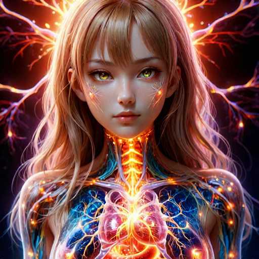 The image depicts a digital illustration of a young woman with blonde hair and striking green eyes. The girl's face is the focal point, with her features highlighted against a backdrop that transitions from purple to orange at the edges. The background is dark, creating a stark contrast that makes the girl stand out prominently. The girl appears to be in motion or about to move, as suggested by the dynamic lines and shapes used in the illustration.