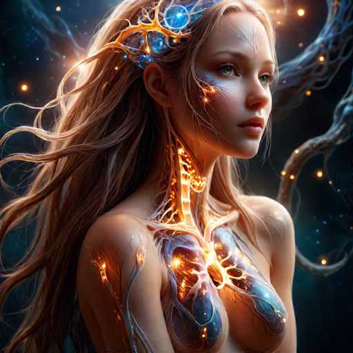 The image depicts a woman with long blonde hair and blue wings on her chest. She is wearing a crown of gold stars that glows against the dark background. The woman's face features a green eye and red lips, adding to her ethereal appearance.
