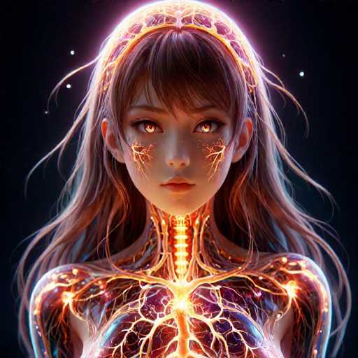 The image shows an illustration of a woman's face with orange and purple lines radiating from her neck down to her shoulders. The woman has long brown hair that falls around her shoulders. She is wearing a headband on her forehead.