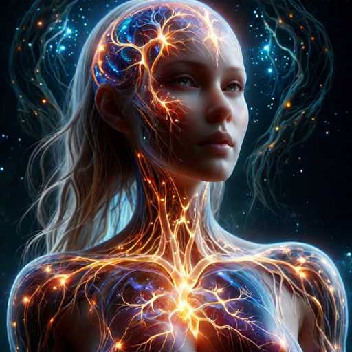 The image depicts a woman with an intricate and vibrant design on her face and body. The design is composed of lines and curves that create a sense of movement and energy. The colors used in the design are predominantly orange and blue, which stand out against the dark background. The woman's position is central to the composition, drawing attention to the unique and striking artwork she represents.