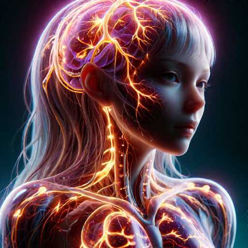 The image depicts a digital illustration of a human head with an orange glow emanating from the brain and surrounding it. The girl's hair is styled in loose waves, adding a sense of movement to the scene. The background is dark blue, providing a stark contrast that makes the vibrant orange glow stand out even more.