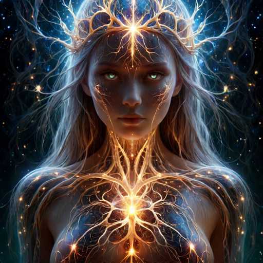 The image depicts a woman with long blonde hair and blue eyes wearing a crown of gold leaves on her head. The background is dark blue with white stars scattered throughout, creating an ethereal atmosphere. The woman's face is illuminated by a warm yellow light emanating from the center of her chest, which appears to be a source of energy or power.