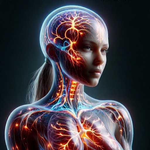 The image shows a close-up view of a human head and neck area, with the face prominently displayed against a black background. The face is adorned with intricate patterns resembling electrical wires and circuits, giving it an futuristic appearance. The woman's hair is styled in a ponytail, adding to her unique look.
