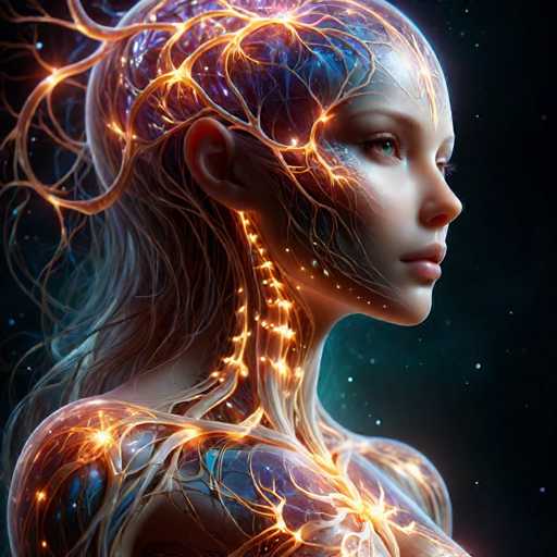 The image depicts a woman with long hair and a face painted on her head, featuring intricate patterns of orange and blue lines that give the impression of glowing skin. The background is dark and filled with stars, creating an otherworldly atmosphere.