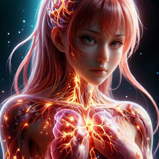 The image depicts a female character with long hair and vibrant pink skin, wearing a crown on her head. The character's face is lit up by orange and yellow lights, giving it an ethereal glow. The background is dark blue, providing a stark contrast to the character's features.