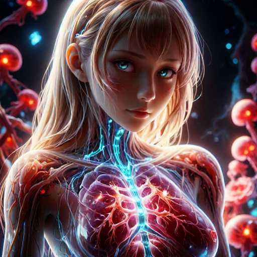 The image depicts a digital illustration of a young girl with blonde hair and blue eyes. The girl's face is the focal point, and her body is shown in a detailed manner, revealing the intricate network of blood vessels that course through it. The background features a dark purple color, which contrasts with the lighter tones of the girl's skin and hair. The image does not contain any text or other discernible objects, making it a purely visual representation.