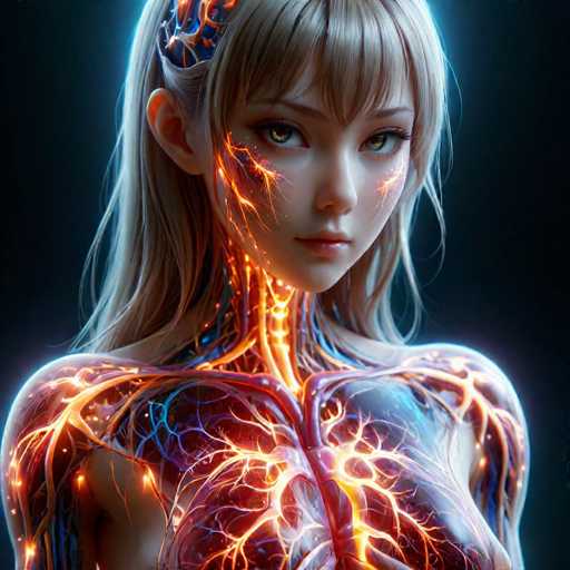 The image shows a close-up portrait of a woman with blonde hair and blue eyes. The woman's face is illuminated by orange and red lights, creating an ethereal glow around her features. The background is dark, providing a stark contrast to the woman's radiant appearance. The artist has used a digital art style that emphasizes the interplay between light and shadow, giving the image a dreamlike quality.