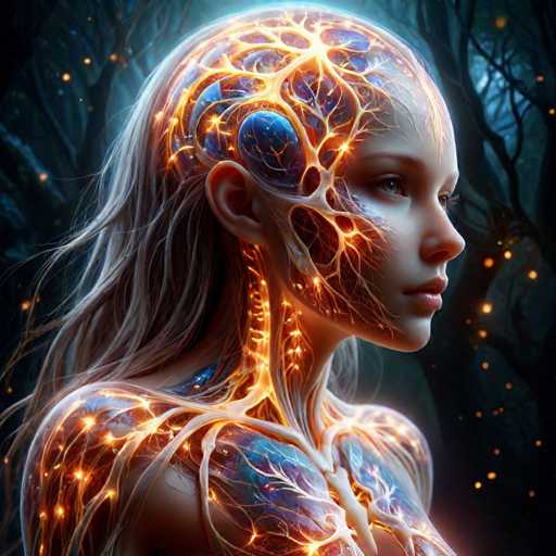The image shows a close-up view of a woman's face with an artistic and futuristic style. The woman has a skull design on her forehead that is illuminated by orange lights, giving it a glowing appearance. Her hair is styled in loose waves, adding to the overall surreal look. The background features trees and foliage, creating a forest setting for the scene.