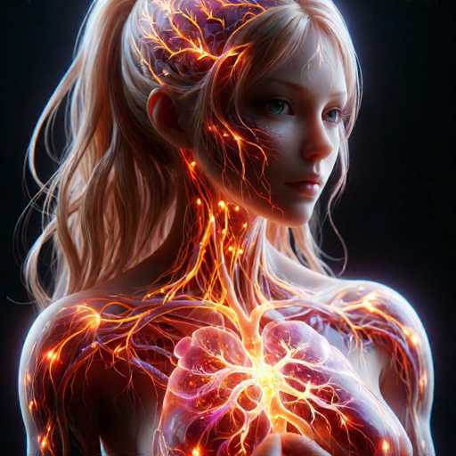 A woman with blonde hair and blue eyes is depicted wearing a red dress that has orange lines running through it. The dress appears to be made of a material that glows with an ethereal light, giving the impression that she is radiating warmth or energy. The background is black, which contrasts sharply with her vibrant attire and accentuates the glow from her dress.