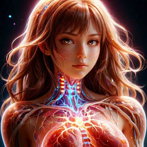 The image shows an illustration of a woman's face with long brown hair and a skull-like neck. The woman has a radiant glow from her eyes and is wearing a necklace that features blue and red lights. The background is dark, creating a stark contrast to the woman's features.