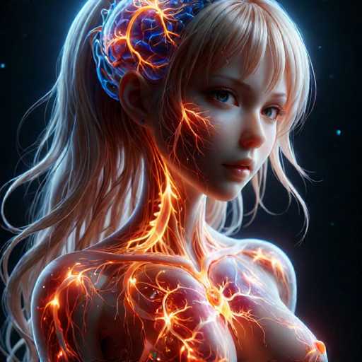 The image depicts an illustration of a woman with long blonde hair and a blue headband featuring orange flames on her forehead. The background is dark and out of focus, drawing attention to the woman's face and body.