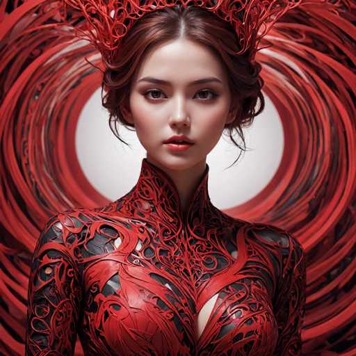 The image shows a young woman with long brown hair wearing a red headpiece and a red dress that has intricate designs on it. The background is black and white, creating a stark contrast to the vibrant colors of her attire.