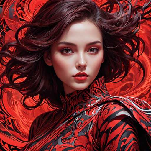 The image shows a close-up portrait of a woman with long brown hair and striking red lipstick. She is wearing a vibrant red dress that features black and white floral patterns. The background is a swirling pattern in shades of red and orange, creating an abstract backdrop for the woman's face.