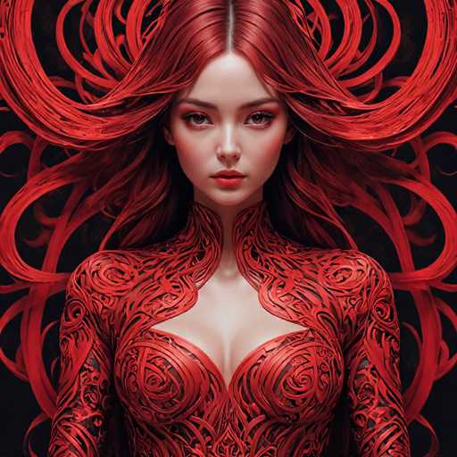 A woman with long red hair is the central figure in this digital illustration. She has a striking red dress that features intricate designs and patterns on her chest area. The background of the image is black, which contrasts sharply with the vibrant red color of the woman's hair and dress.