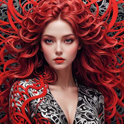 The image shows a close-up portrait of a woman with long red hair styled in loose curls. She is wearing a black and white patterned dress that contrasts with her vibrant hair color. The background features a black and white patterned design, adding depth to the overall composition.