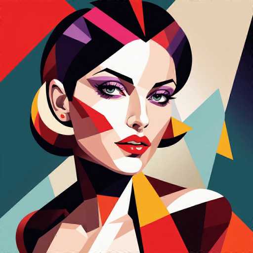 The image depicts a woman with striking red lips and eyes, wearing a black headband. The background is a vibrant mix of blue, green, and yellow triangles, creating an abstract and modern art style.