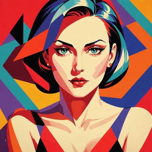 The image depicts a woman with blue eyes and red hair wearing a black dress against an abstract background of geometric shapes in various colors including red, orange, yellow, green, blue, purple, pink, and white. The artist's signature is visible at the bottom right corner.