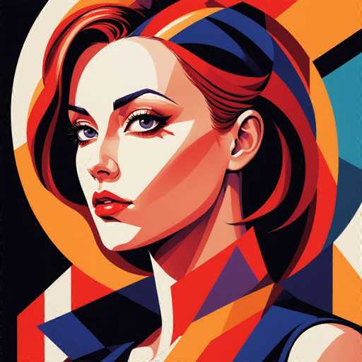 The image depicts a woman with red hair and blue eyes wearing a blue dress against an abstract background of geometric shapes in shades of orange, yellow, green, and purple.