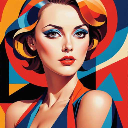 The image depicts a woman with long brown hair wearing a blue dress and a colorful headband. The background features geometric shapes in various colors including red, orange, yellow, green, blue, purple, pink, and white.