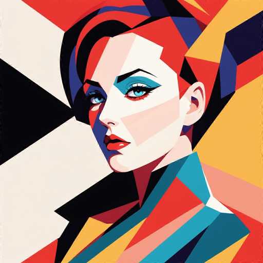 The image depicts a woman with short hair and blue eyes wearing a colorful outfit of red, yellow, green, and blue colors. The background is black and white, creating a striking contrast that highlights the woman's features.