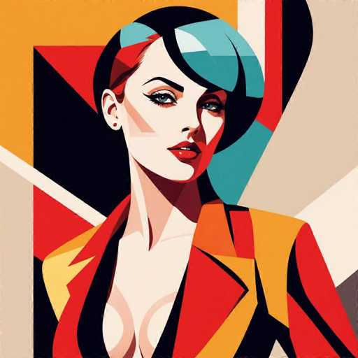 The image depicts a woman with striking red hair and blue eyes wearing a vibrant red jacket against a backdrop of geometric shapes in shades of yellow, black, and white. The woman is positioned centrally within the frame, drawing attention to her face as she gazes directly into the camera.