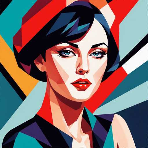 The image depicts a woman with striking blue eyes and long dark hair wearing a red hat. The background is a vibrant mix of colors including shades of green, yellow, and pink. The artist's style can be described as geometric or abstract, characterized by the use of bold lines and shapes to create the portrait.