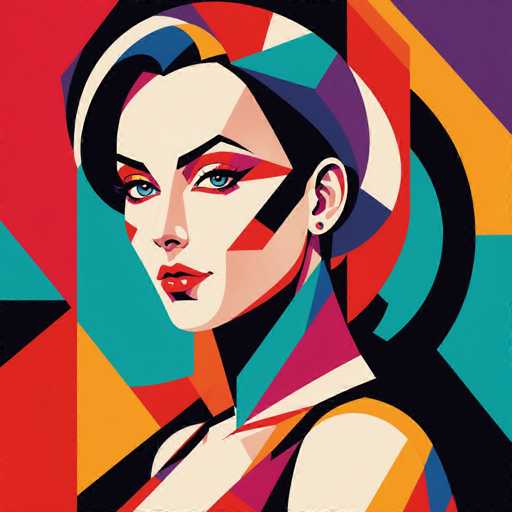 The image depicts a woman with striking blue eyes and a vibrant red headband. She is wearing a black top that contrasts with the colorful background behind her. The background features geometric shapes in various colors including red, green, yellow, purple, orange, and pink.