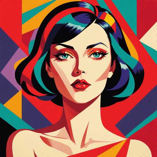 The image depicts a woman with long dark hair wearing a red dress and blue eyes looking directly at the camera. The background is a vibrant mix of colors including red, yellow, green, and purple, creating an abstract pattern that surrounds her figure.
