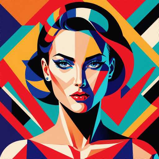 The image depicts a woman with striking blue eyes and long dark hair wearing a vibrant red dress against an abstract background of geometric shapes in various colors including orange, green, yellow, and black. The artist's signature is subtly placed at the bottom right corner.