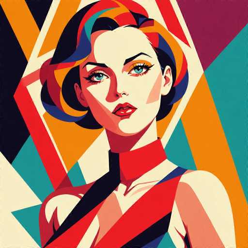 The image depicts a woman with striking blue eyes and long dark hair wearing a red dress against an abstract background of geometric shapes in various colors including orange, green, purple, and pink. The artist's signature is visible at the bottom right corner.