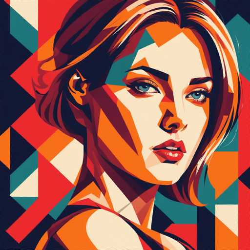The image is an illustration of a woman's face rendered in a geometric style. The artist has used a variety of colors and shapes to create the portrait, with the woman's features prominently featured against a backdrop of red, blue, green, and white triangles. The use of geometric shapes adds a unique visual appeal to the artwork, making it stand out as an interesting piece of modern art.