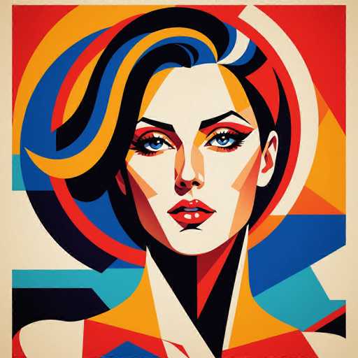 The image depicts a woman with blue eyes and long hair wearing a red hat against an abstract background of geometric shapes in shades of orange, yellow, green, and blue.