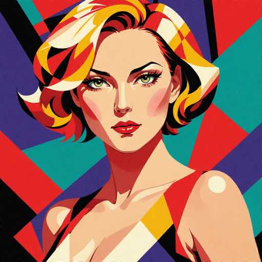 The image depicts a woman with blonde hair and striking red lips wearing a vibrant dress against a colorful abstract background featuring geometric shapes in shades of blue, green, purple, orange, and pink. The artist's signature is subtly placed at the bottom right corner.