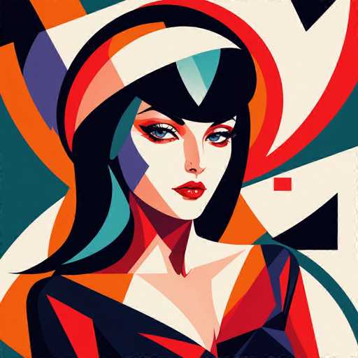 The image depicts a woman with long dark hair wearing a black top and a colorful headband. The background is a vibrant mix of red, blue, green, and white colors, creating an abstract pattern that surrounds the woman's face.