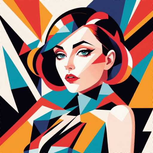 The image depicts a woman with striking blue eyes and red hair styled in an updo. She is wearing a vibrant dress that features geometric patterns of red, yellow, green, and black colors. The background is a chaotic mix of geometric shapes in various shades of orange, pink, and white, creating a sense of depth and complexity to the overall composition.
The woman's gaze is directed straight at the viewer, making her the focal point of the image.