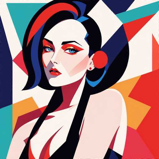 The image depicts a woman with striking red hair and blue eyes wearing a black top against a vibrant abstract background featuring geometric shapes in shades of red, green, yellow, and blue. The artist's signature is subtly placed at the bottom right corner.