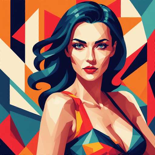 The image depicts a woman with long dark hair wearing a red dress and blue top. The background features geometric shapes in shades of orange, green, and white, creating an abstract pattern that surrounds the central figure.