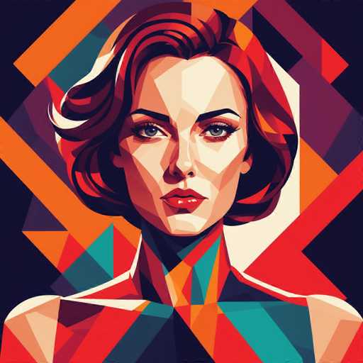 The image depicts a woman with red hair and a short bob styled in an updo. She is wearing a vibrant red dress that contrasts with the black background of the piece. The woman's face is the focal point, and she has striking blue eyes that add to her overall appearance. The art style is geometric, characterized by its use of triangles and other shapes to create the image.