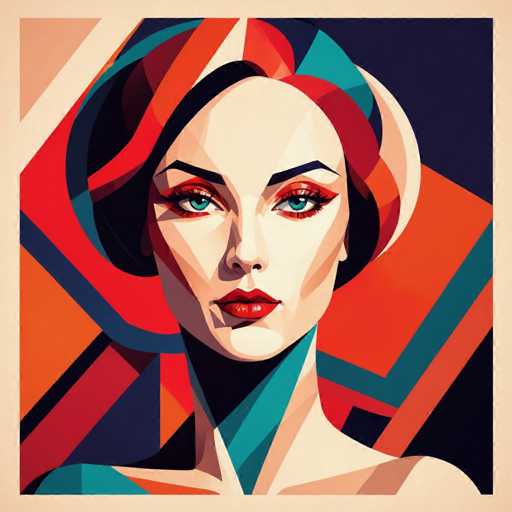 The image depicts a woman with striking red lips and blue eyes against a black background featuring geometric shapes in shades of orange and green. The artist's signature is subtly placed at the bottom right corner.