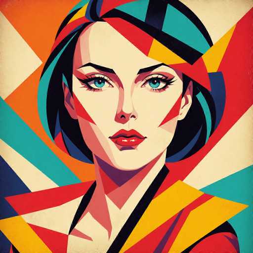 The image depicts a woman with striking blue eyes and a vibrant red lip against an abstract background of geometric shapes in various colors including yellow, green, pink, orange, and blue. The woman is positioned centrally within the frame, drawing attention to her face as the main subject.