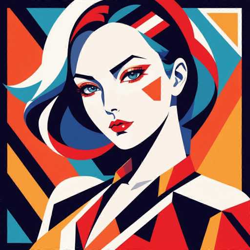 The image depicts a woman with striking blue eyes and red hair styled in an updo. She is wearing a vibrant red dress that contrasts with the black background of the artwork. The art style is abstract, characterized by bold geometric shapes and lines.