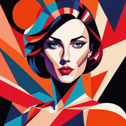 The image depicts a woman with striking blue eyes and long dark hair wearing a red hat. The background is a vibrant mix of orange and black geometric shapes arranged in a zigzag pattern.