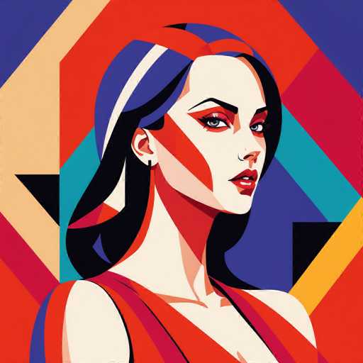 The image depicts a woman with long dark hair wearing a red dress and striking makeup. The background is a vibrant mix of blue, yellow, pink, and orange colors arranged in a geometric pattern.