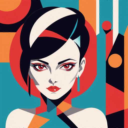 The image depicts a woman with striking red eyes and a black hair bun, wearing earrings that add an elegant touch to her appearance. The background features geometric shapes in various colors such as orange, blue, green, and yellow, creating a vibrant and abstract backdrop for the woman's face.