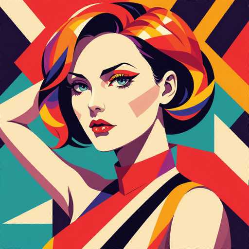 The image depicts a woman with vibrant red hair styled in an updo and wearing a colorful striped top. The background features geometric shapes in shades of blue, green, orange, and yellow, creating a visually striking contrast against the woman's colorful attire.
